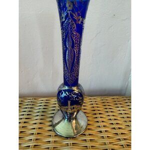 Vintage 50's Venetian Art Glass Bud Vase Blue Silver Overlay Gondola